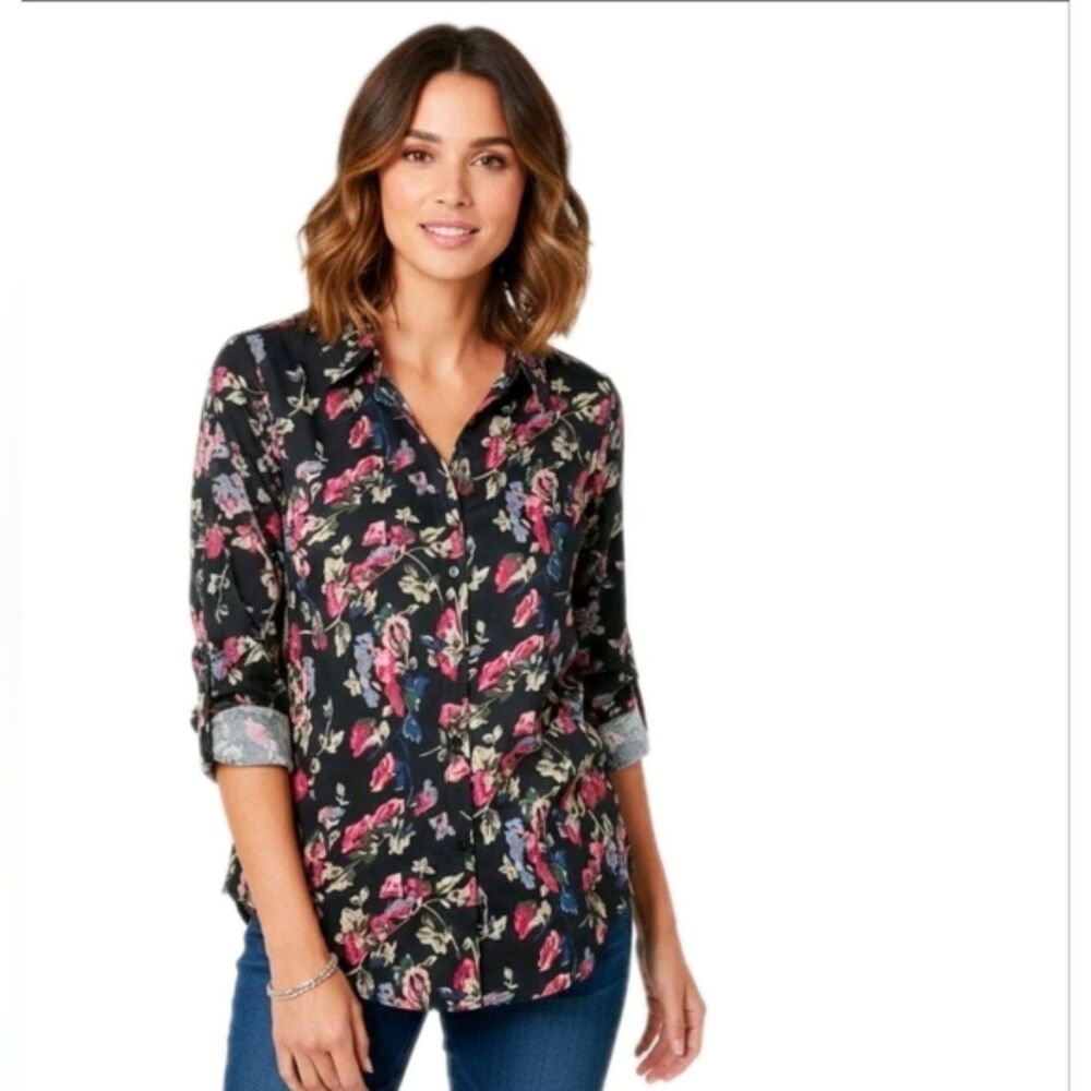CHAPS Womens Easy Care Button Up No Iron Stretch Modal Black Floral Blouse, Sz S